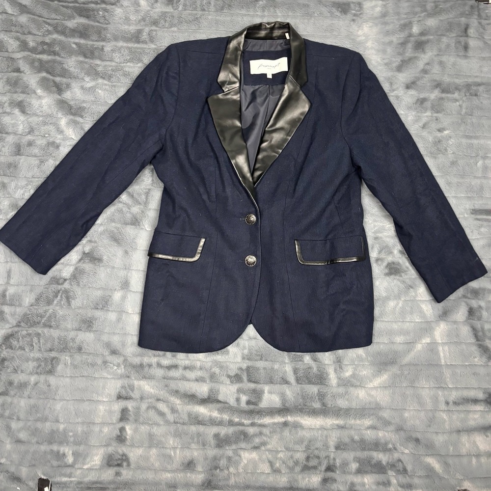 Foxcroft NYC Navy Blue Wool Blend Blazer Faux Leather Trim Jacket Womens 12